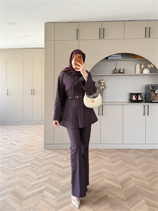 Chic Taş Detaylı Kot Takım Bordo (4440)