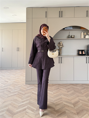 Chic Taş Detaylı Kot Takım Bordo (4440)