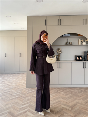 Chic Taş Detaylı Kot Takım Bordo (4440)