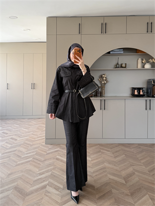 Chic Taş Detaylı Kot Takım Siyah (4440)