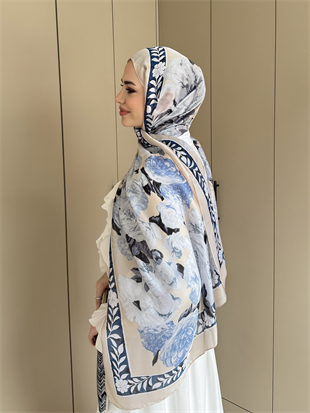 Çiçek Desen Şal Mavi 099