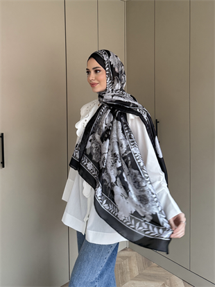 Çiçek Desen Şal Siyah-Beyaz (099)