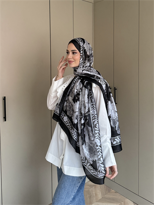 Çiçek Desen Şal Siyah-Beyaz (099)