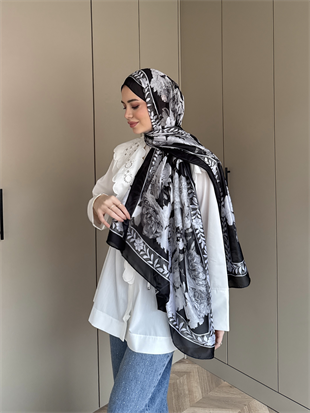 Çiçek Desen Şal Siyah-Beyaz (099)