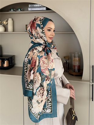 Çiçek Desen Şal Turkuaz 099