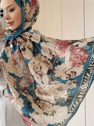 Çiçek Desen Şal Turkuaz 099