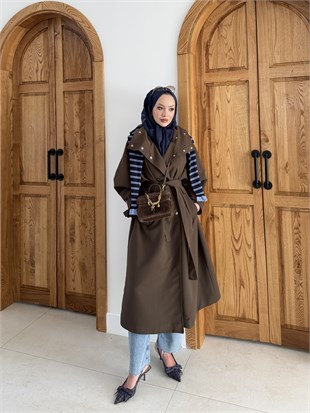 Çıtçıtlı Dik Yaka Trenç Kahve (4595)