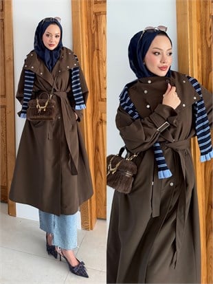 Çıtçıtlı Dik Yaka Trenç Kahve (4595)