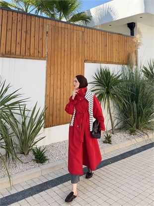 Dik Yaka Çıtçıtlı Trenç Kırmızı (4595)