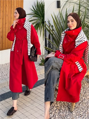 Dik Yaka Çıtçıtlı Trenç Kırmızı (4595)
