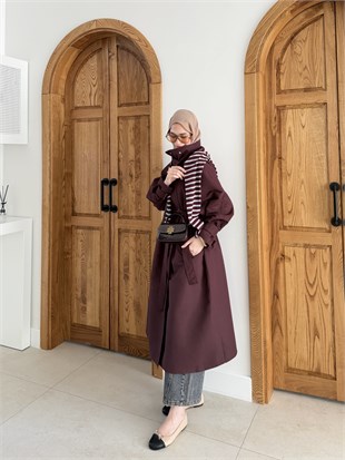 Çıtçıtlı Dik Yaka Trenç Mürdüm (4595)