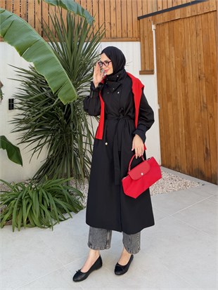Çıtçıtlı Dik Yaka Trenç Siyah (4595)