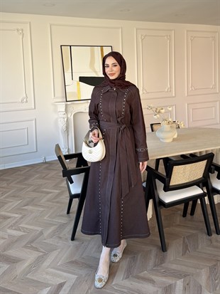 City Taşlı Fermuarlı Kot Elbise Acı Kahve (8027)