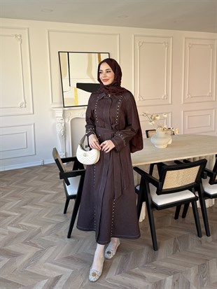 City Taşlı Fermuarlı Kot Elbise Acı Kahve (8027)