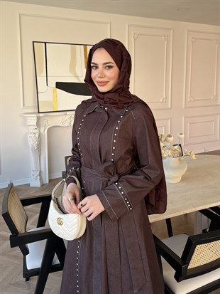 City Taşlı Fermuarlı Kot Elbise Acı Kahve (8027)