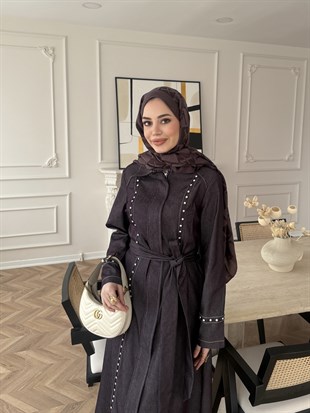 City Taşlı Fermuarlı Kot Elbise Mürdüm (8027)