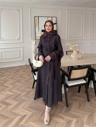 City Taşlı Fermuarlı Kot Elbise Mürdüm (8027)