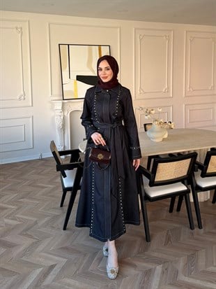 City Taşlı Fermuarlı Kot Elbise Lacivert (8027)