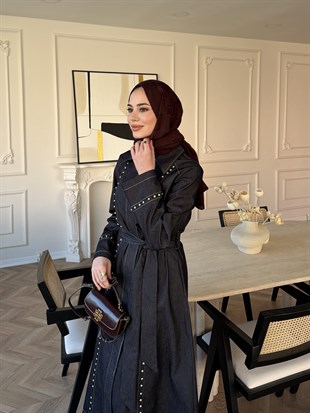 City Taşlı Fermuarlı Kot Elbise Lacivert (8027)