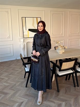 City Taşlı Fermuarlı Kot Elbise Lacivert (8027)