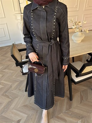 City Taşlı Fermuarlı Kot Elbise Lacivert (8027)