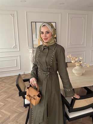 City Taşlı Fermuarlı Kot Elbise Yeşil (8027)