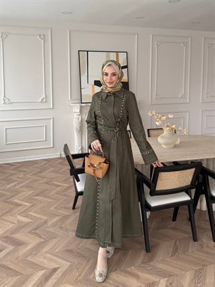 City Taşlı Fermuarlı Kot Elbise Yeşil (8027)