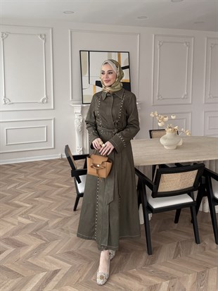 City Taşlı Fermuarlı Kot Elbise Yeşil (8027)