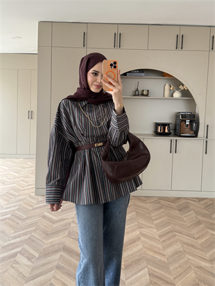 Çizgili Belden Oturtmalı Poplin Gömlek Lacivert (2330)