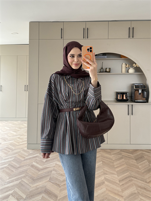 Çizgili Belden Oturtmalı Poplin Gömlek Lacivert (2330)