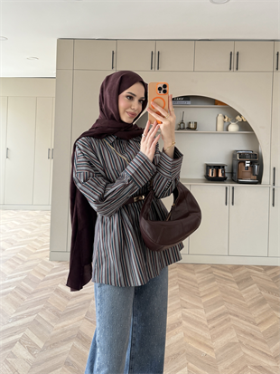 Çizgili Belden Oturtmalı Poplin Gömlek Lacivert (2330)