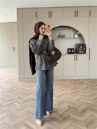 Çizgili Belden Oturtmalı Poplin Gömlek Lacivert (2330)