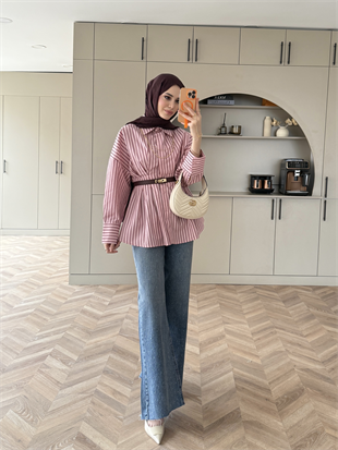 Çizgili Belden Oturtmalı Poplin Gömlek Pembe (2330)