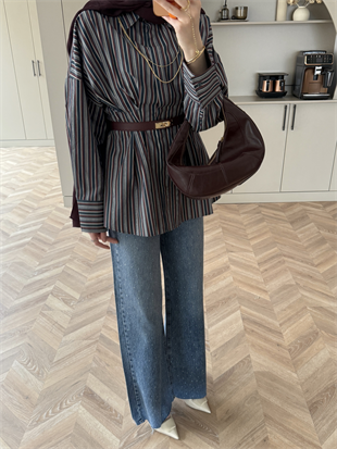 Çizgili Belden Oturtmalı Poplin Gömlek Lacivert (2330)