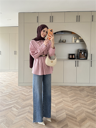 Çizgili Belden Oturtmalı Poplin Gömlek Pembe (2330)