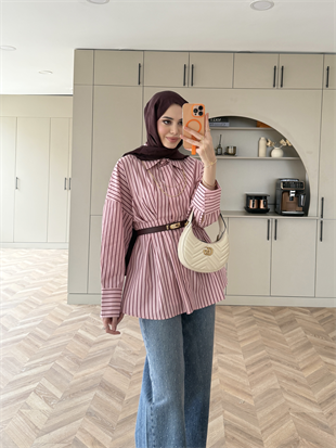 Çizgili Belden Oturtmalı Poplin Gömlek Pembe (2330)