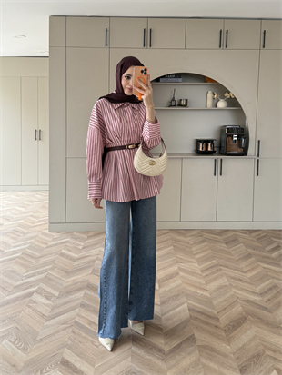 Çizgili Belden Oturtmalı Poplin Gömlek Pembe (2330)