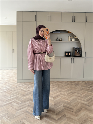 Çizgili Belden Oturtmalı Poplin Gömlek Pembe (2330)