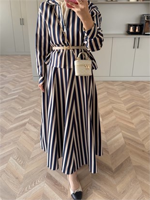 Çizgili Gabardin Etekli Takım Kahve-Lacivert (4584)