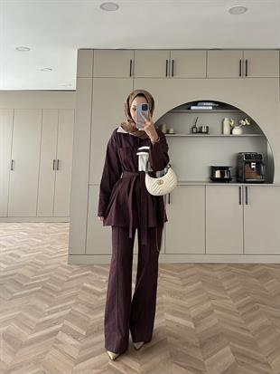 Çizgili Kot Pantolonlu Takım Mürdüm