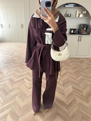 Çizgili Kot Pantolonlu Takım Mürdüm