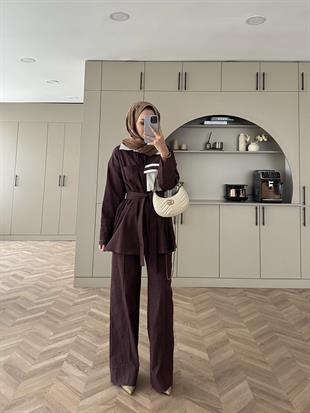 Çizgili Kot Pantolonlu Takım Mürdüm