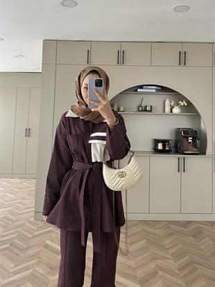 Çizgili Kot Pantolonlu Takım Mürdüm