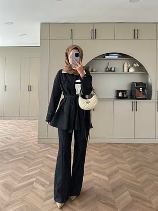 Çizgili Kot Pantolonlu Takım Siyah