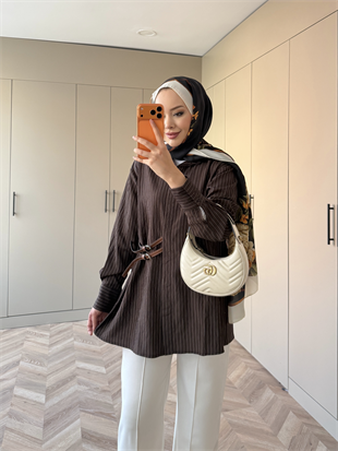 Çizgili Leon Kemer Detaylı Gömlek Acı Kahve (4411)