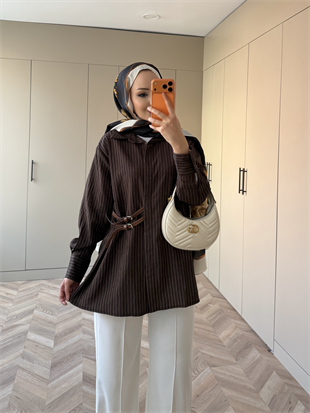 Çizgili Leon Kemer Detaylı Gömlek Acı Kahve (4411)