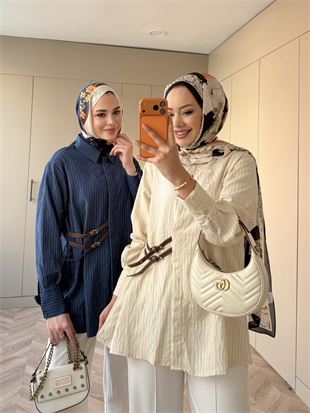 Çizgili Leon Kemer Detaylı Gömlek Bej (4411)