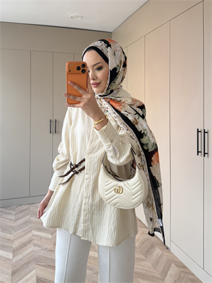 Çizgili Leon Kemer Detaylı Gömlek Bej (4411)