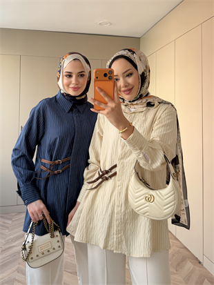 Çizgili Leon Kemer Detaylı Gömlek Bej (4411)