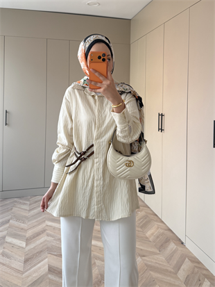 Çizgili Leon Kemer Detaylı Gömlek Bej (4411)